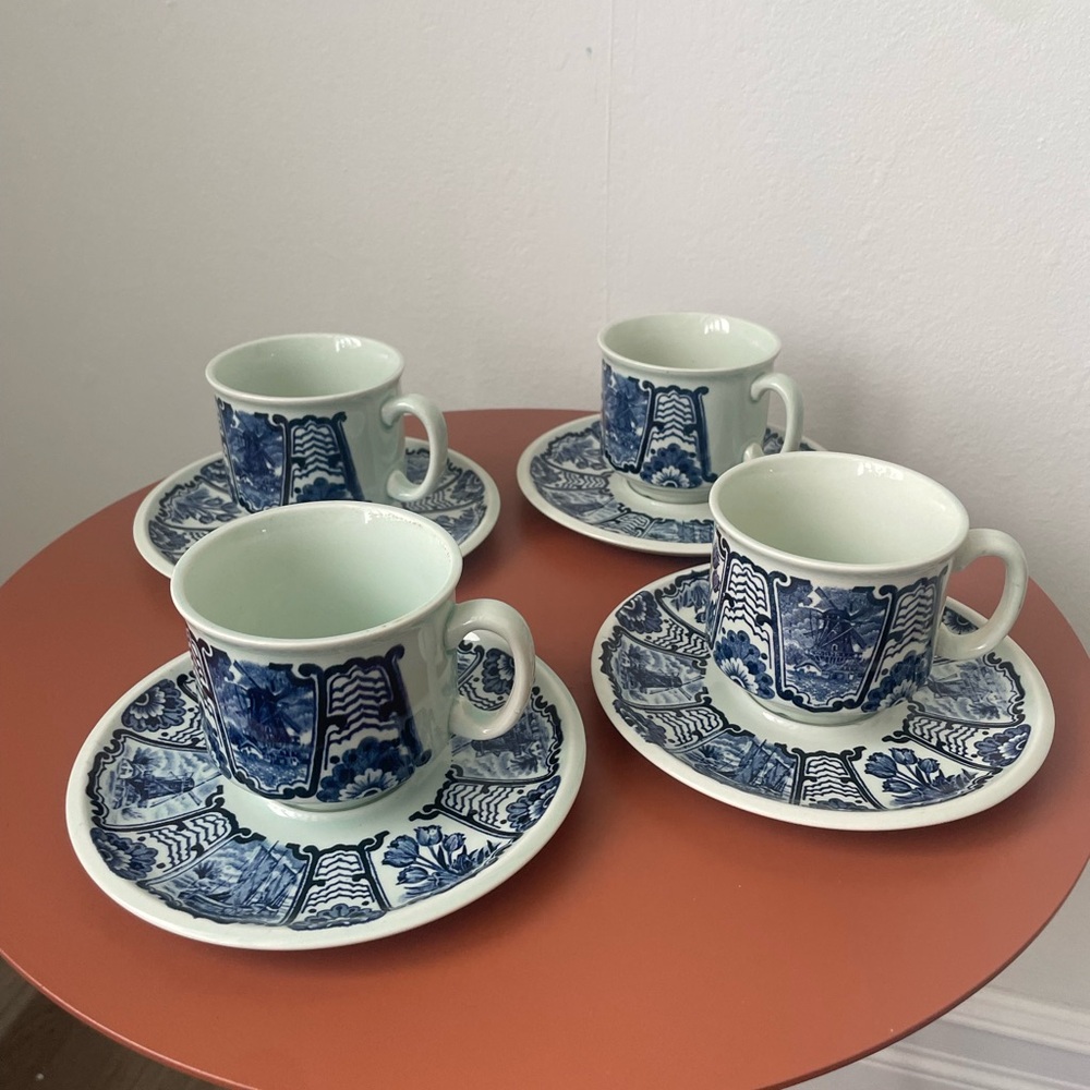 Belgian Delft Boch Old Dutch Blue & White Floral Coffee Teacups and Saucer Set - Picture 2 of 12